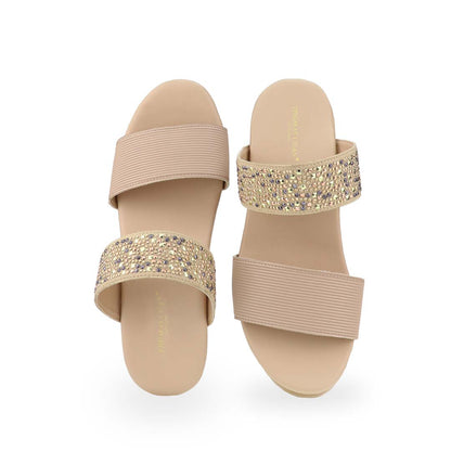 Front view of Thomas Chan's Strappy Rhinestone Cushioned Heels in cream: With a built-in cushioned footbed and a chic two-strap design, these heels offer a sleek front stripe complemented by a dazzling rhinestone strap at the back.