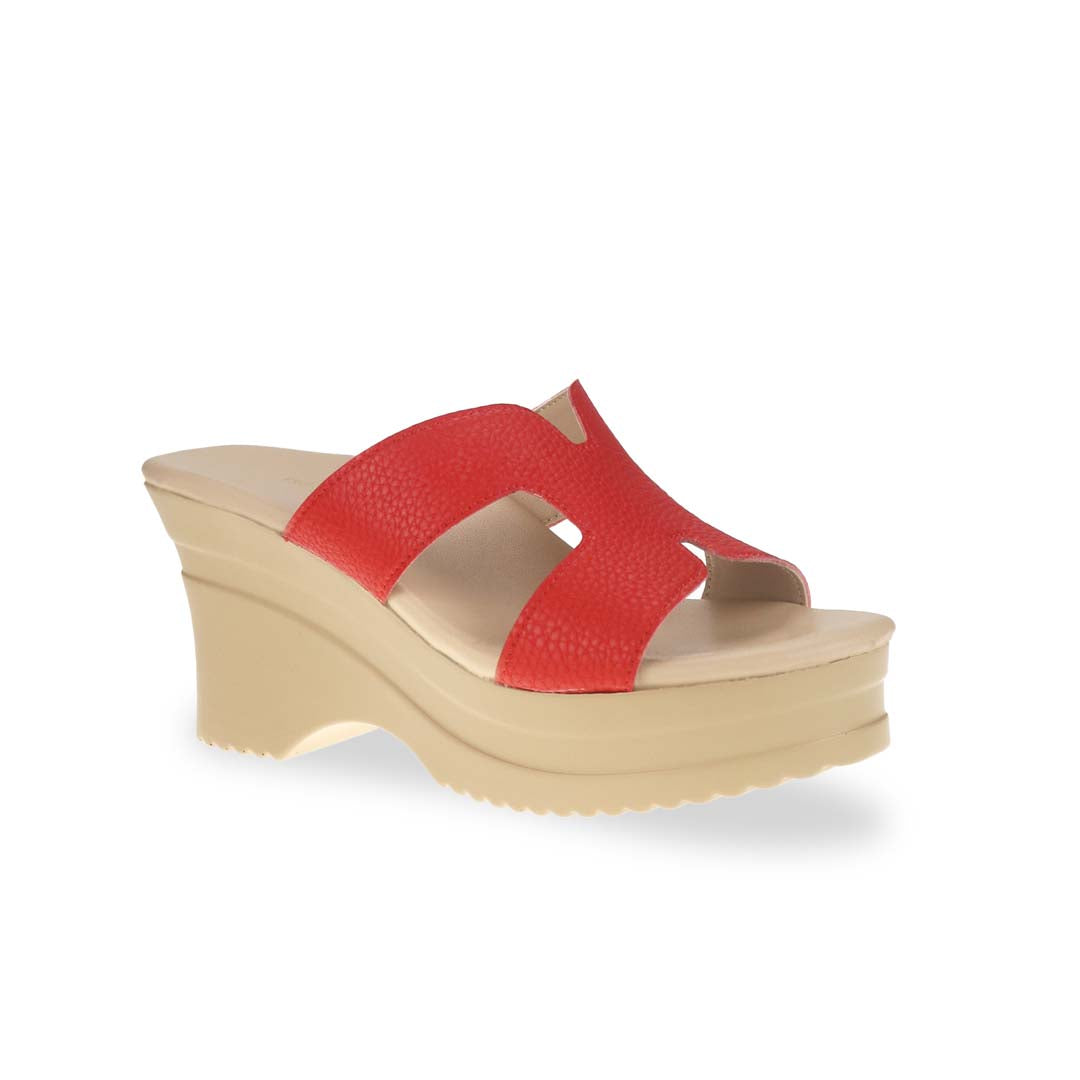 Diagonal view of Thomas Chan's H-Strap Cushioned Heels in red color: Crafted for all-day comfort, these sandals boast built-in cushioned insoles and are made from microfiber leather with a pebbled texture.