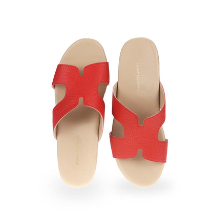 Front view of Thomas Chan's H-Strap Cushioned Heels in red color: Crafted for all-day comfort, these sandals boast built-in cushioned insoles and are made from microfiber leather with a pebbled texture.