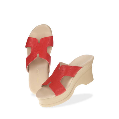 Full view of Thomas Chan's H-Strap Cushioned Heels in red color: Crafted for all-day comfort, these sandals boast built-in cushioned insoles and are made from microfiber leather with a pebbled texture.