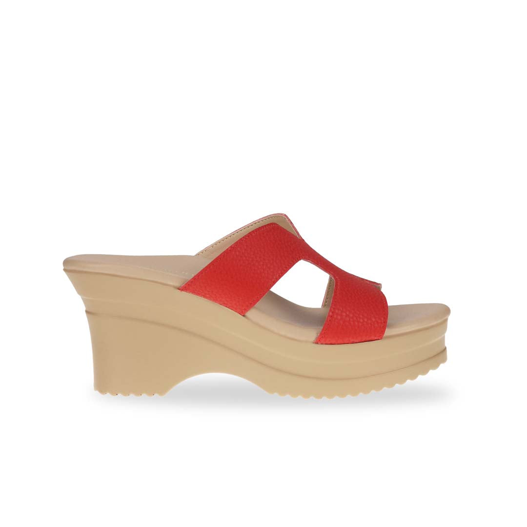 Side view of Thomas Chan's H-Strap Cushioned Heels in red color: Crafted for all-day comfort, these sandals boast built-in cushioned insoles and are made from microfiber leather with a pebbled texture.