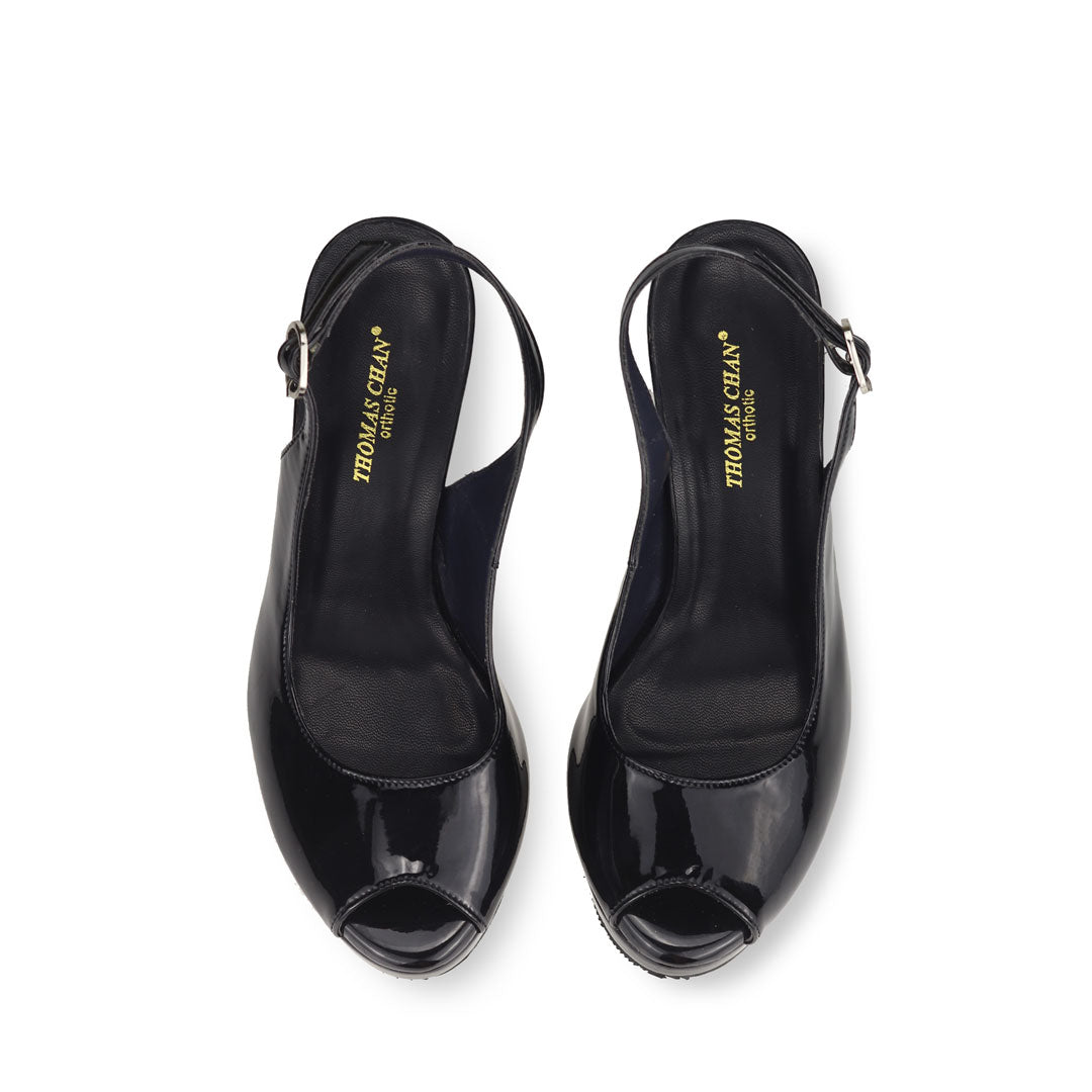  Front view of Thomas Chan Peep Toe Slingback Stiletto High Heels in black colour, showcasing one of the designs with a plain design without a buckle.