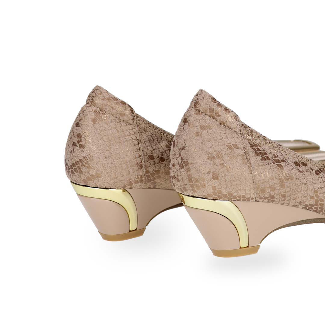 Back view of Thomas Chan's Vintage Print Pumps with Ribbon Buckle in light apricot color, featuring an arch-support footbed.