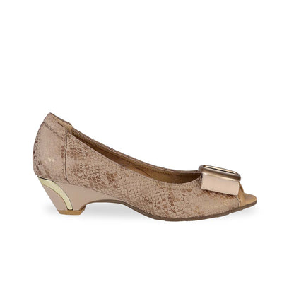 Side view of Thomas Chan's Vintage Print Pumps with Ribbon Buckle in light apricot color, featuring an arch-support footbed.