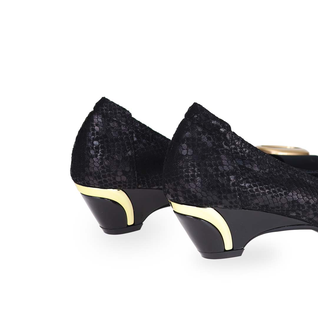 Back view of Thomas Chan's Vintage Print Pumps with Ribbon Buckle in black colour, with arch-support footbed.