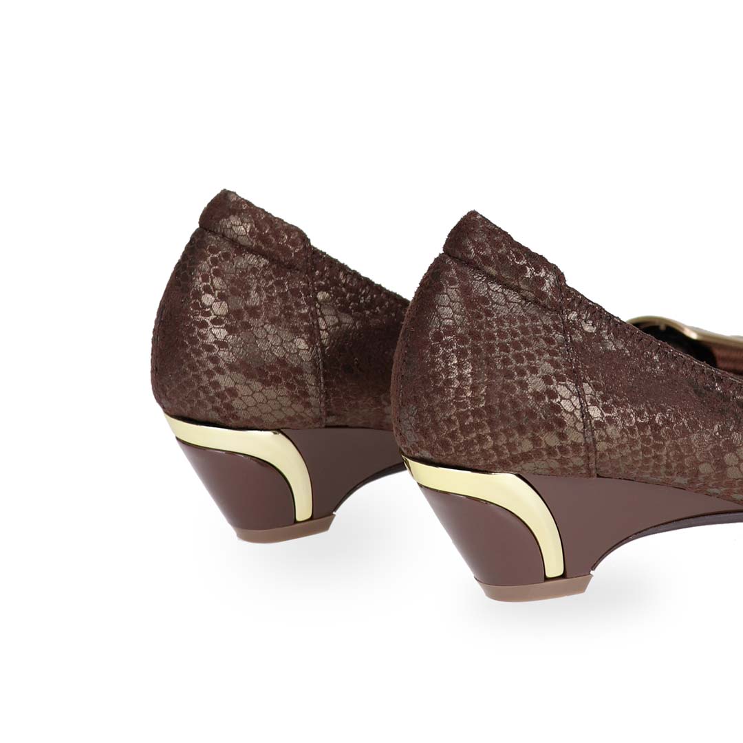 Back view of Thomas Chan's Vintage Print Pumps with Ribbon Buckle in dark brown colour, with arch-support footbed.