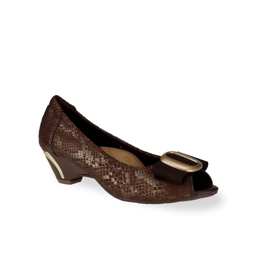 Diagonal view of Thomas Chan's Vintage Print Pumps with Ribbon Buckle in dark brown colour, with arch-support footbed.