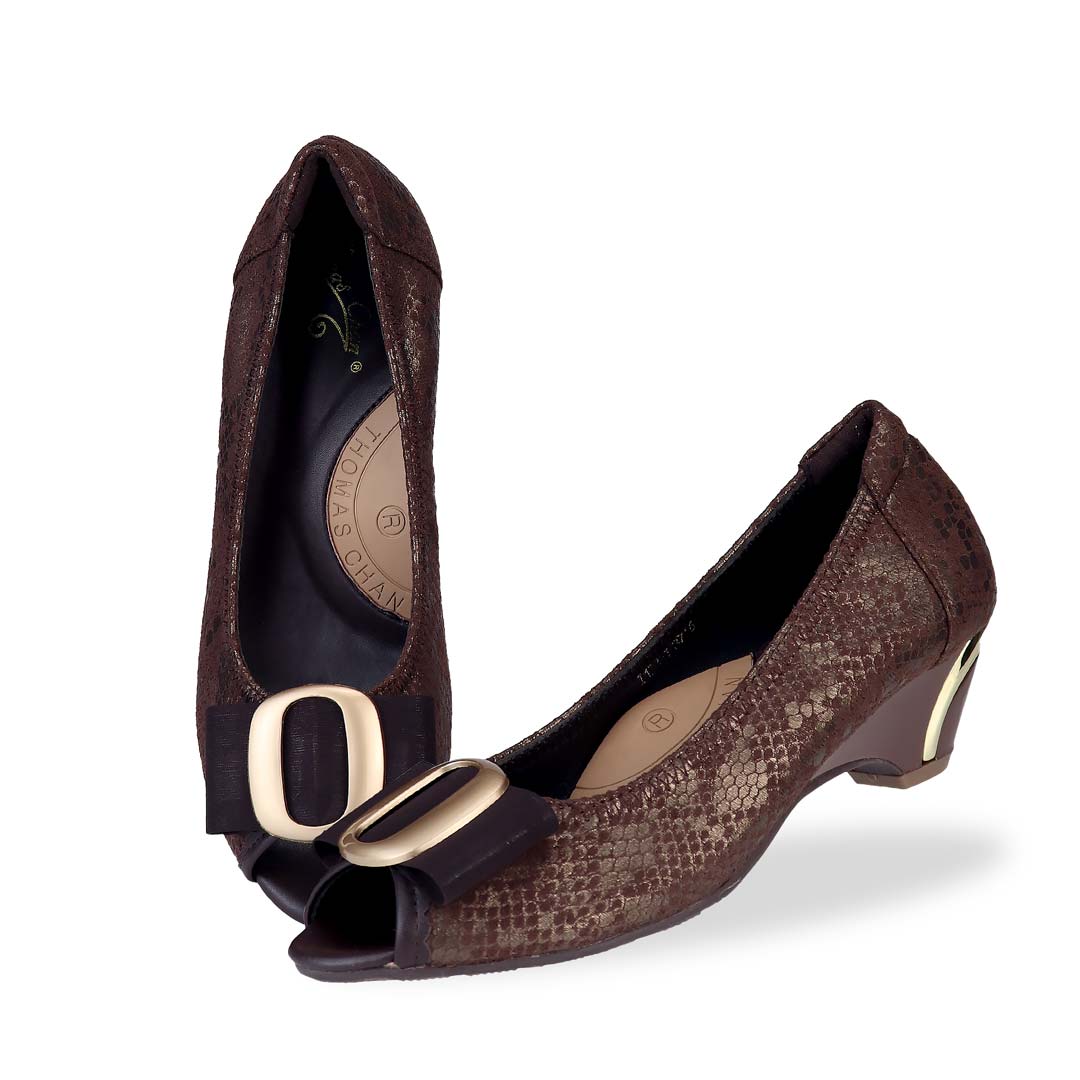 Full view of Thomas Chan's Vintage Print Pumps with Ribbon Buckle in dark brown colour, with arch-support footbed.