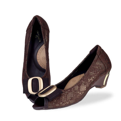 Full view of Thomas Chan's Vintage Print Pumps with Ribbon Buckle in dark brown colour, with arch-support footbed.