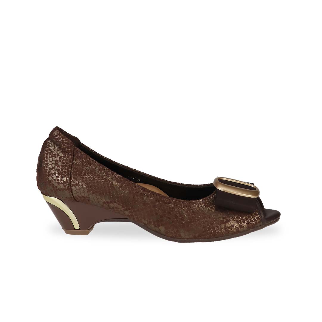 Side view of Thomas Chan's Vintage Print Pumps with Ribbon Buckle in dark brown colour, with arch-support footbed.