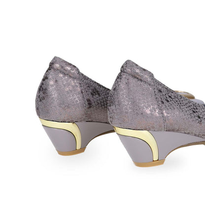 Back view of Thomas Chan's Vintage Print Pumps with Ribbon Buckle in light grey color, featuring an arch-support footbed.