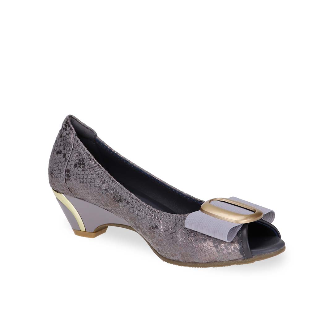 Diagonal view of Thomas Chan's Vintage Print Pumps with Ribbon Buckle in light grey color, featuring an arch-support footbed.