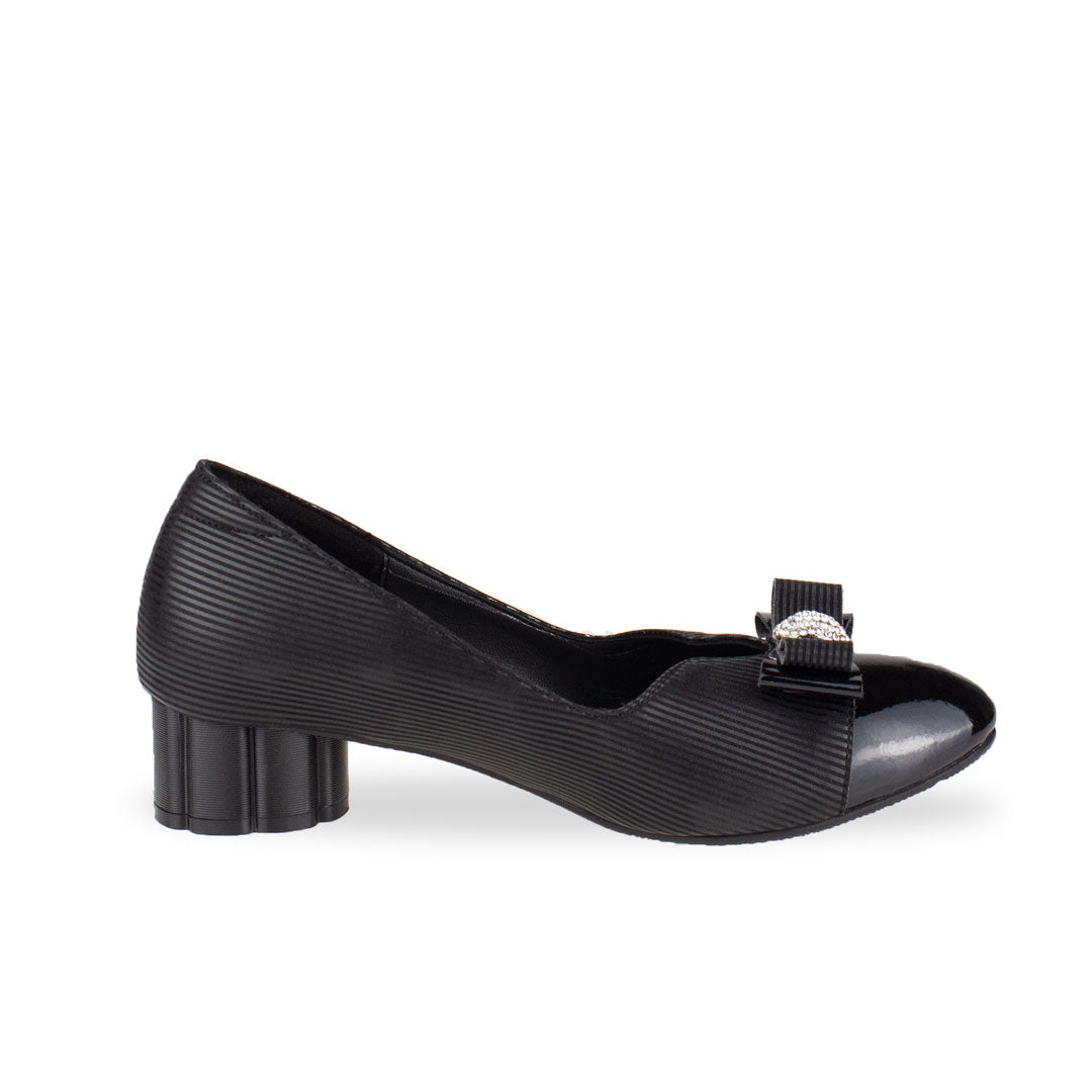 Side view of Thomas Chan handmade black low heel pumps with diamond rhinestone ribbon buckle.