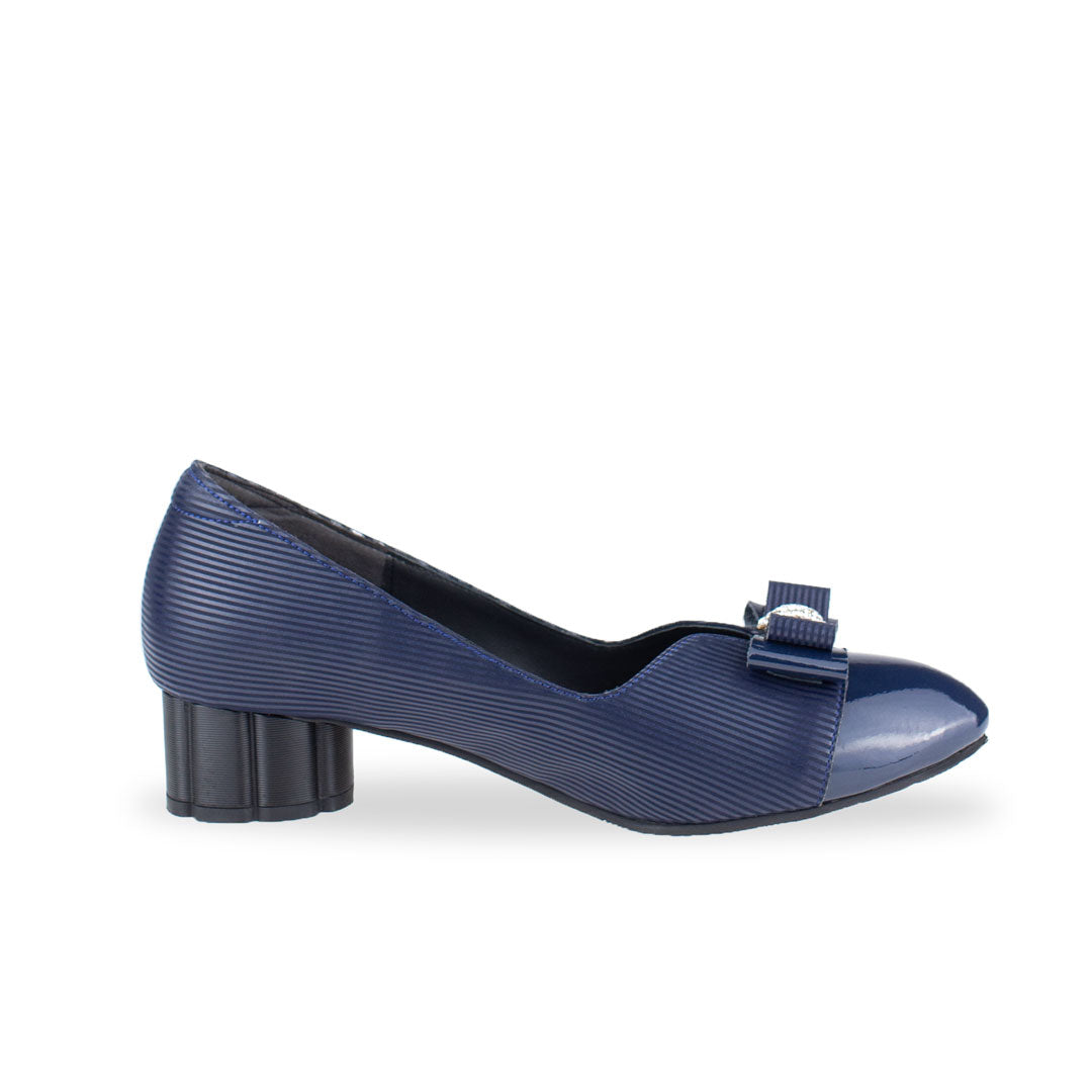 Side view of Thomas Chan handmade blue low heel pumps with diamond rhinestone ribbon buckle