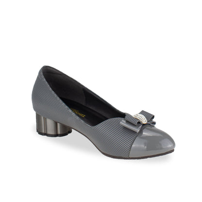 Diagonal view of Thomas Chan handmade grey low heel pumps with diamond rhinestone ribbon buckle