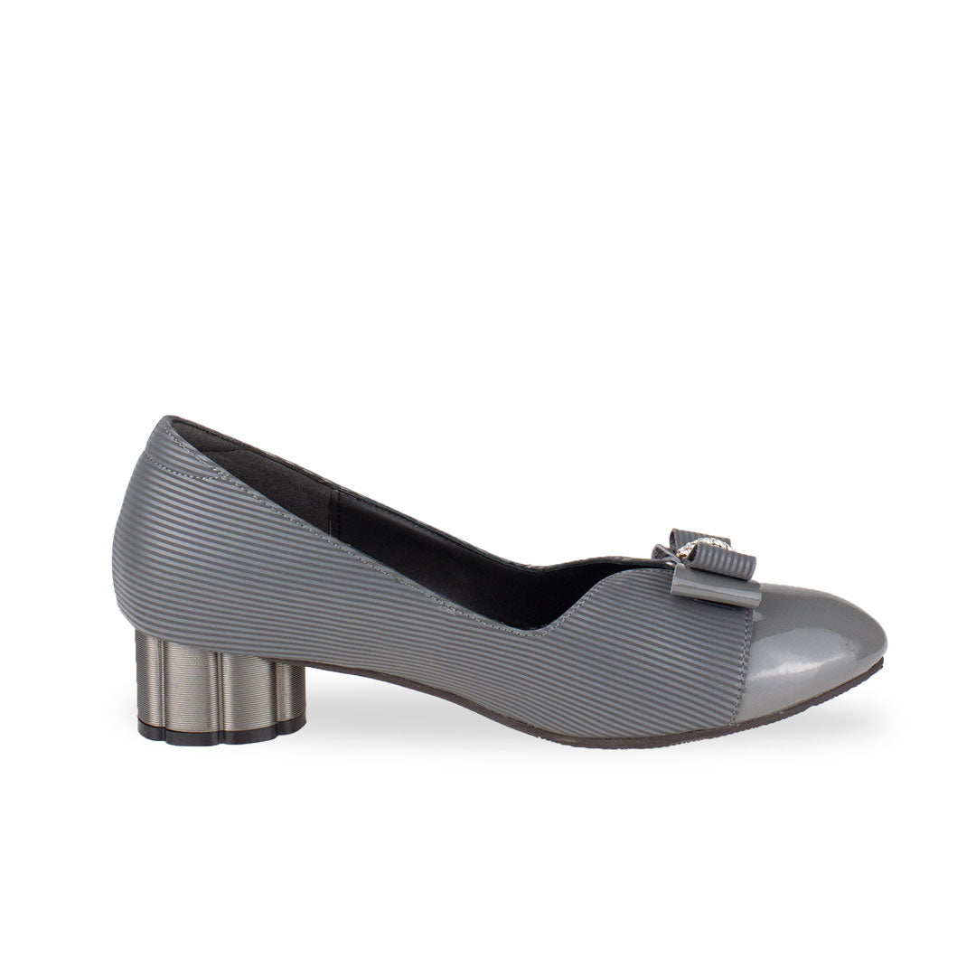 Side view of Thomas Chan handmade grey low heel pumps with diamond rhinestone ribbon buckle