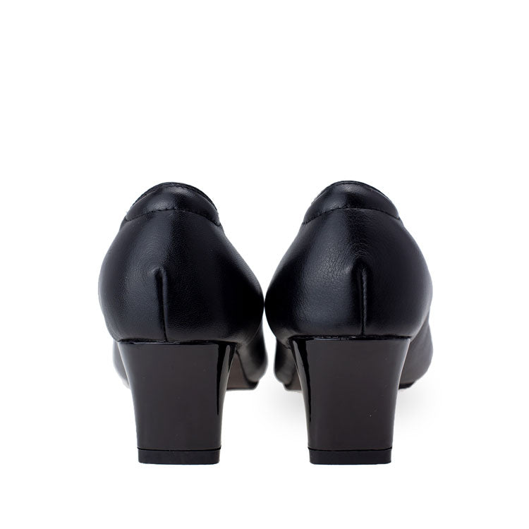 Back view of Thomas Chan black-colored ribbon buckle court shoes, featuring patent black detail at the toe cover