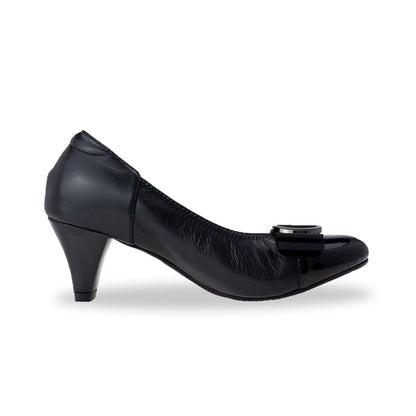 Side view of Thomas Chan black-colored ribbon buckle court shoes, featuring patent black detail at the toe cover.