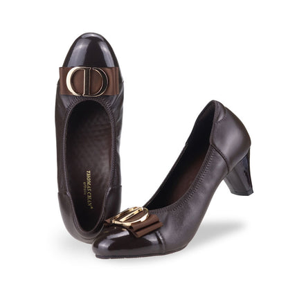 Full view of Thomas Chan dark brown-colored ribbon buckle court shoes, featuring patent dark brown detail at the toe cover.