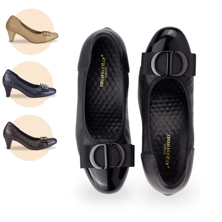 View of Thomas Chan ribbon buckle court shoes in various colors, including black, nude, oxford blue, and coffee. Suitable for office and occasion wear