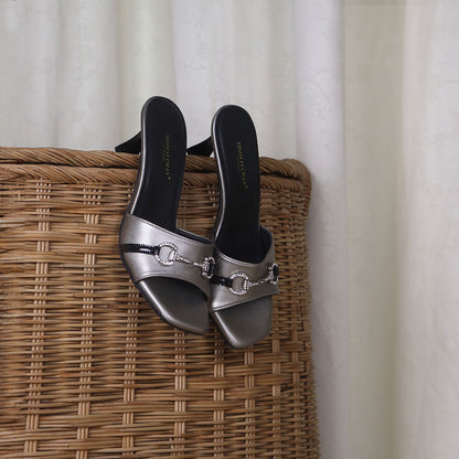 Thomas Chan's sophisticated grey horsebit buckle low kitten heel pumps, blending chic style with elegant design. Versatile for both dinner engagements and daily wear. Comfy wearing for a day.