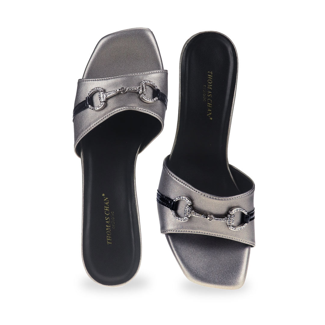 Front view of Thomas Chan's grey colour chic horsebit buckle kitten heel pumps, showcasing elegant style and sophisticated design.