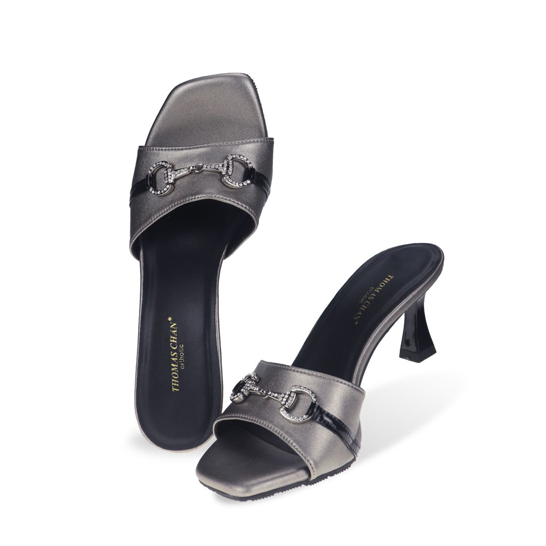 Full view of Thomas Chan's grey colour chic horsebit buckle kitten heel pumps, showcasing elegant style and sophisticated design.