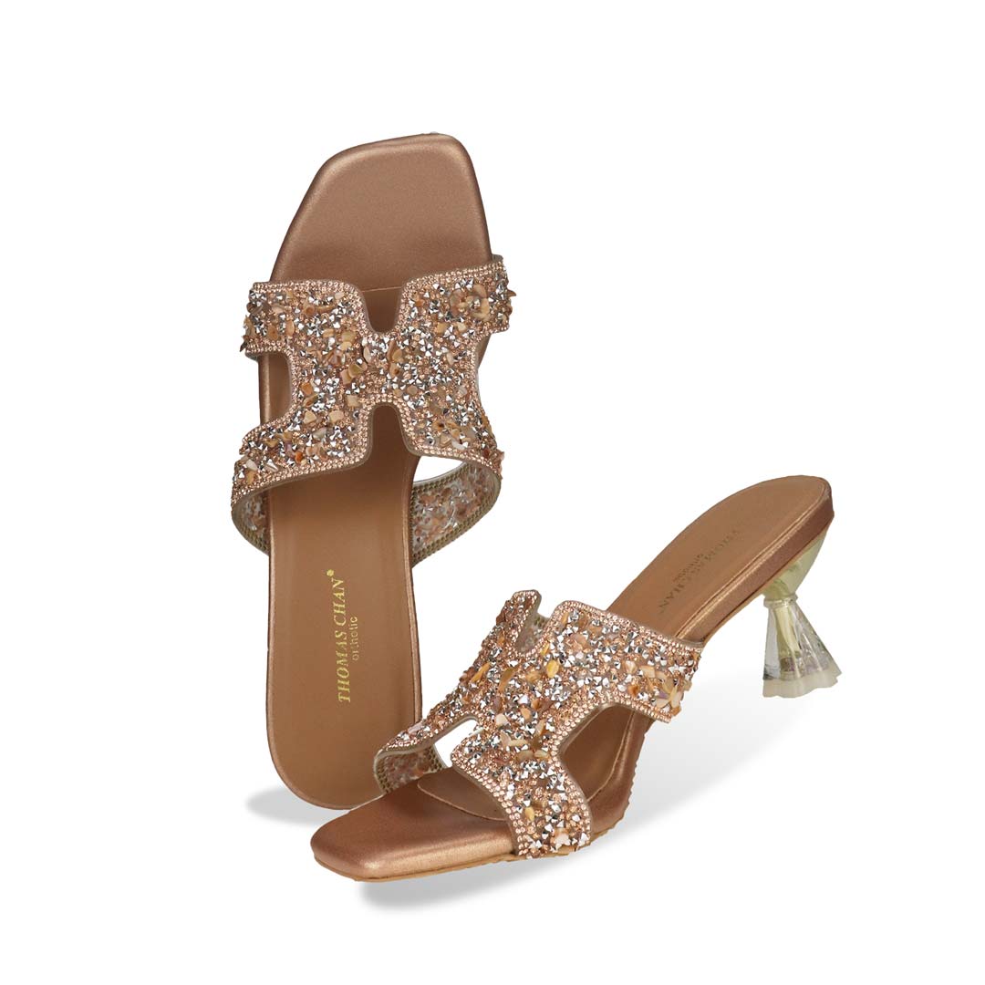 Full view of Thomas Chan's Sparkle Jewel H-Strap Heeled Sandals in bronze, showcasing an elegant design and a uniquely crafted heel.