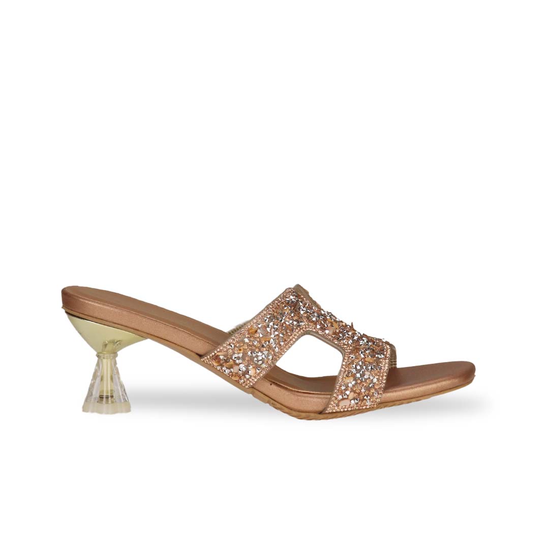 Side view of Thomas Chan's Sparkle Jewel H-Strap Heeled Sandals in bronze, showcasing an elegant design and a uniquely crafted heel.