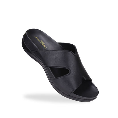 Diagonal view of black colour Ultra Comfort Matte Leather Sandals by Thomas Chan, featuring a simple design and arch-supporting soft insole.