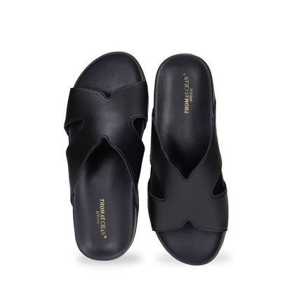 Front view of black colour Ultra Comfort Matte Leather Sandals by Thomas Chan, featuring a simple design and arch-supporting soft insole.