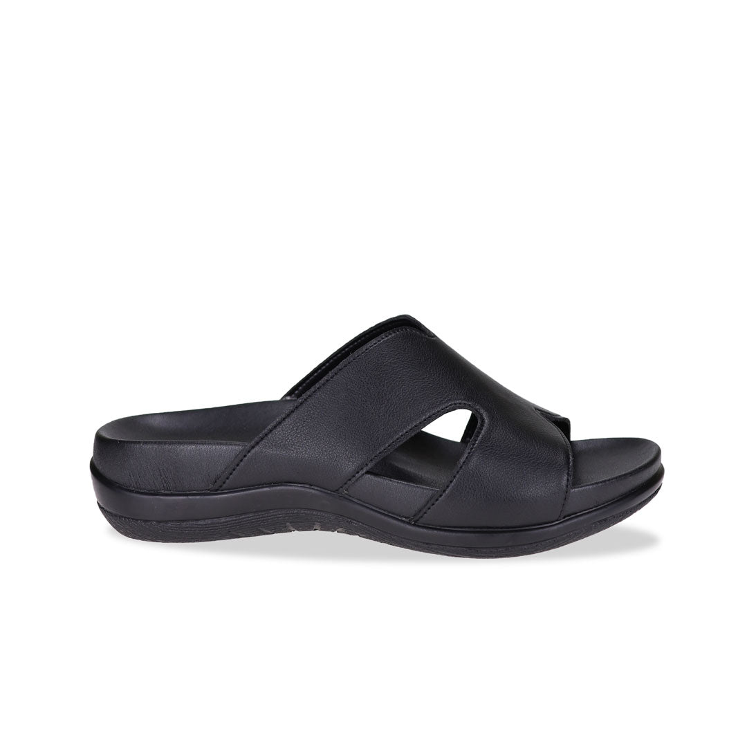 Side view of black colour Ultra Comfort Matte Leather Sandals by Thomas Chan, featuring a simple design and arch-supporting soft insole.