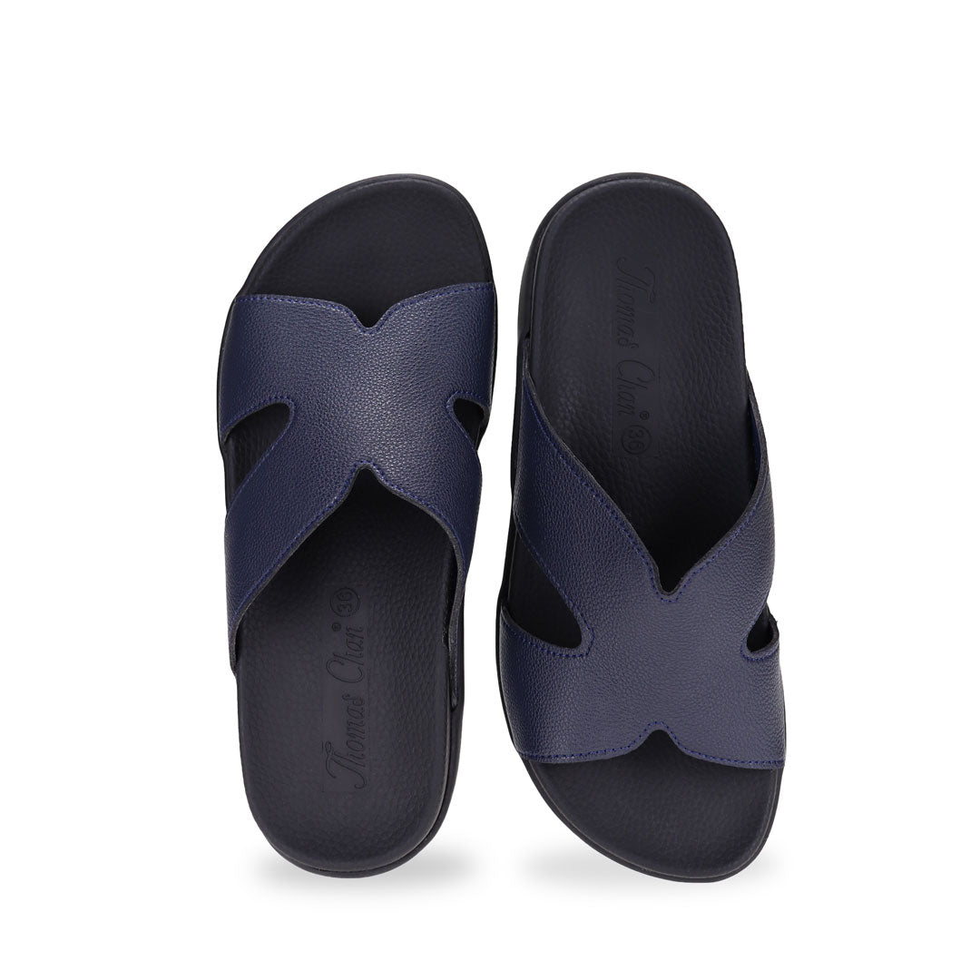 Front view of blue colour Ultra Comfort Matte Leather Sandals by Thomas Chan, featuring a simple design and arch-supporting soft insole.