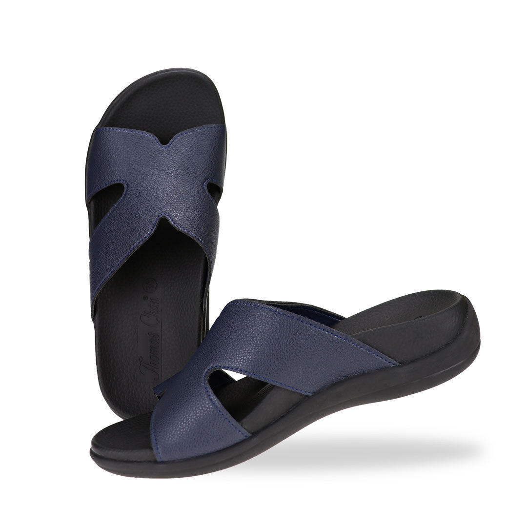 Full view of blue colour Ultra Comfort Matte Leather Sandals by Thomas Chan, featuring a simple design and arch-supporting soft insole.