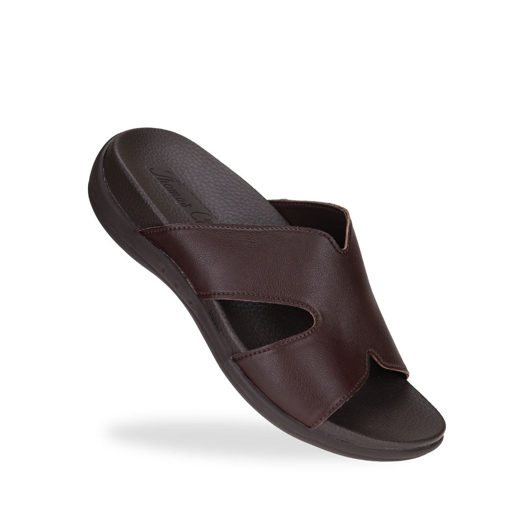 Diagonal view of brown colour Ultra Comfort Matte Leather Sandals by Thomas Chan, featuring a simple design and arch-supporting soft insole.