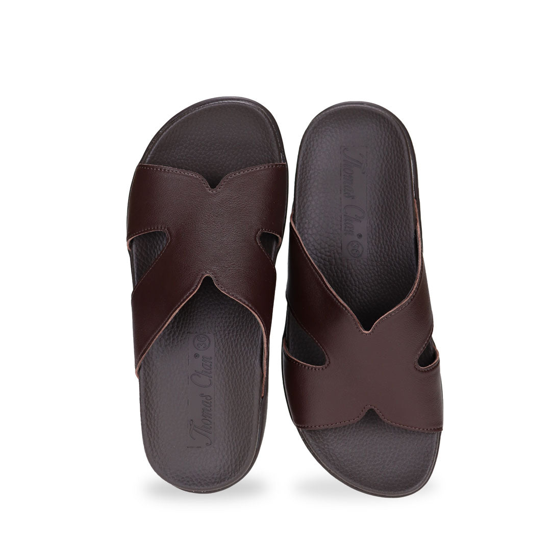 Front view of brown colour Ultra Comfort Matte Leather Sandals by Thomas Chan, featuring a simple design and arch-supporting soft insole.