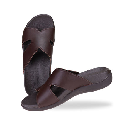 Full view of brown colour Ultra Comfort Matte Leather Sandals by Thomas Chan, featuring a simple design and arch-supporting soft insole.