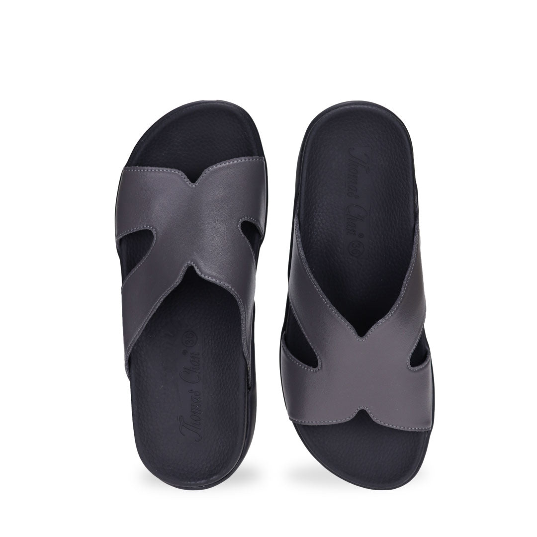 Front view of grey colour Ultra Comfort Matte Leather Sandals by Thomas Chan, featuring a simple design and arch-supporting soft insole.