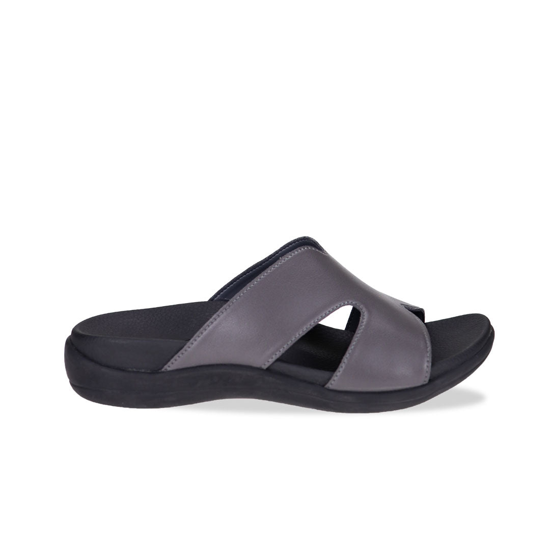 Side view of grey colour Ultra Comfort Matte Leather Sandals by Thomas Chan, featuring a simple design and arch-supporting soft insole.