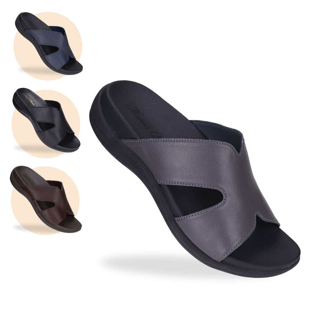 Ultra Comfort Matte Leather Sandals by Thomas Chan, featuring a simple design and arch-supporting soft insole, available in grey, navy blue, black, and brown.