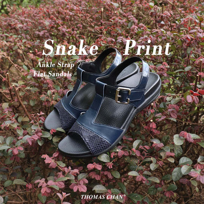 Snake Print Ankle Strap Flat Sandals [Comfy Health Series]