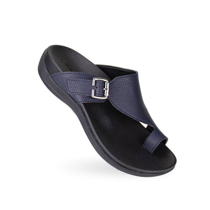 Diagonal view of Thomas Chan Toe-strap Flats Sandals in navy blue, featuring soft arch support insoles, allowing you to walk with ease.