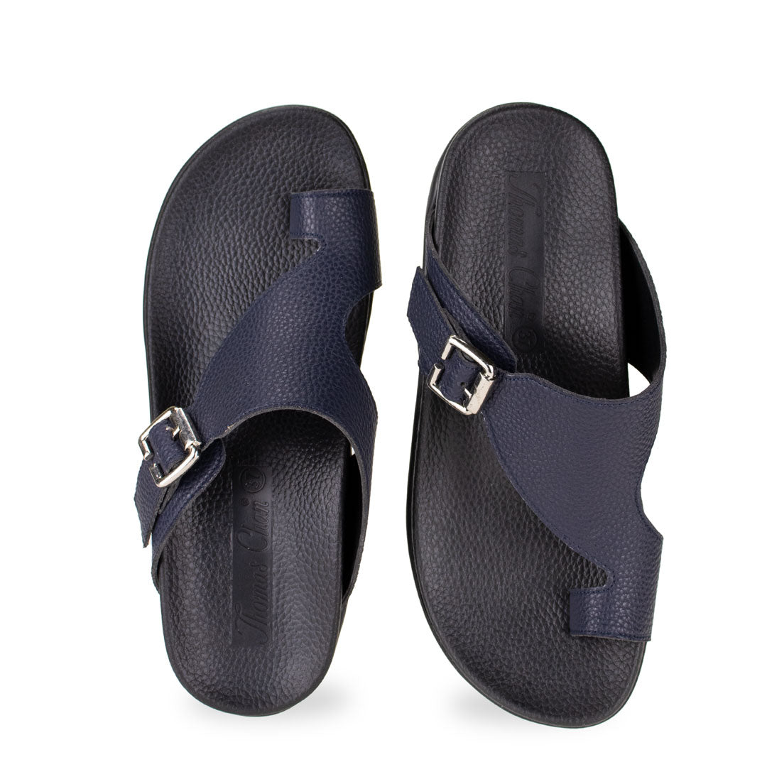 Front view of Thomas Chan Toe-strap Flats Sandals in navy blue, featuring soft arch support insoles, allowing you to walk with ease.