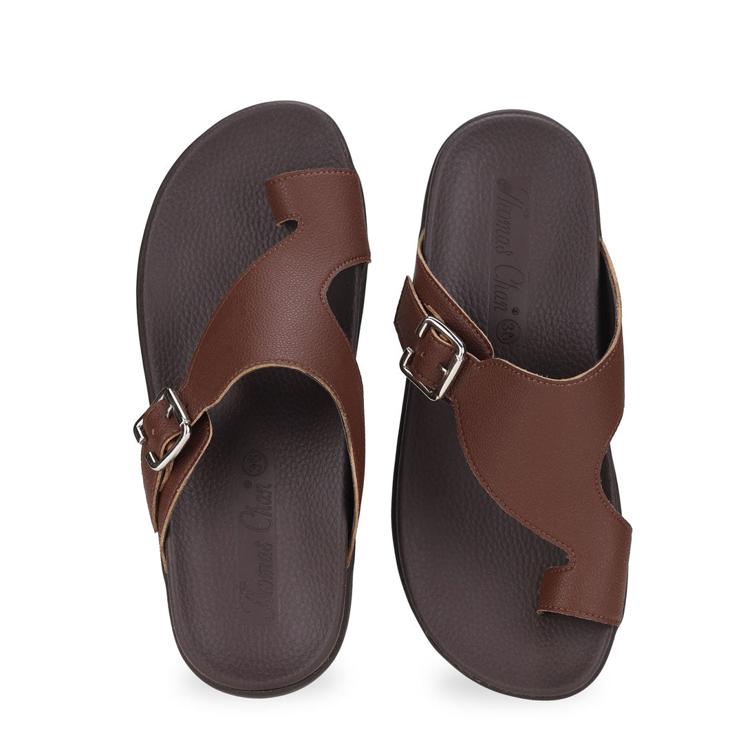 Front view of Thomas Chan Toe-strap Flats Sandals in dark brown, featuring soft arch support insoles, allowing you to walk with ease.