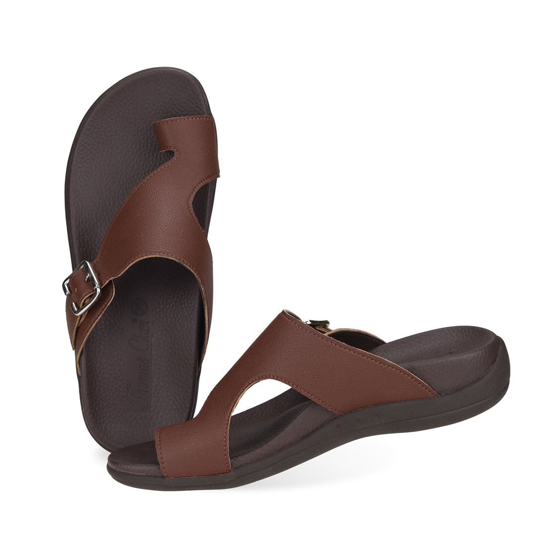 Full view of Thomas Chan Toe-strap Flats Sandals in dark brown, featuring soft arch support insoles, allowing you to walk with ease.