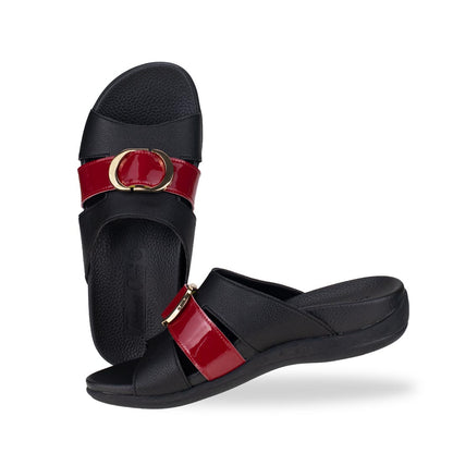 Full view of Thomas Chan PU slide sandals with basic logo buckle in black, featuring a mixture of red patent in the middle and in-built soft arch support insole