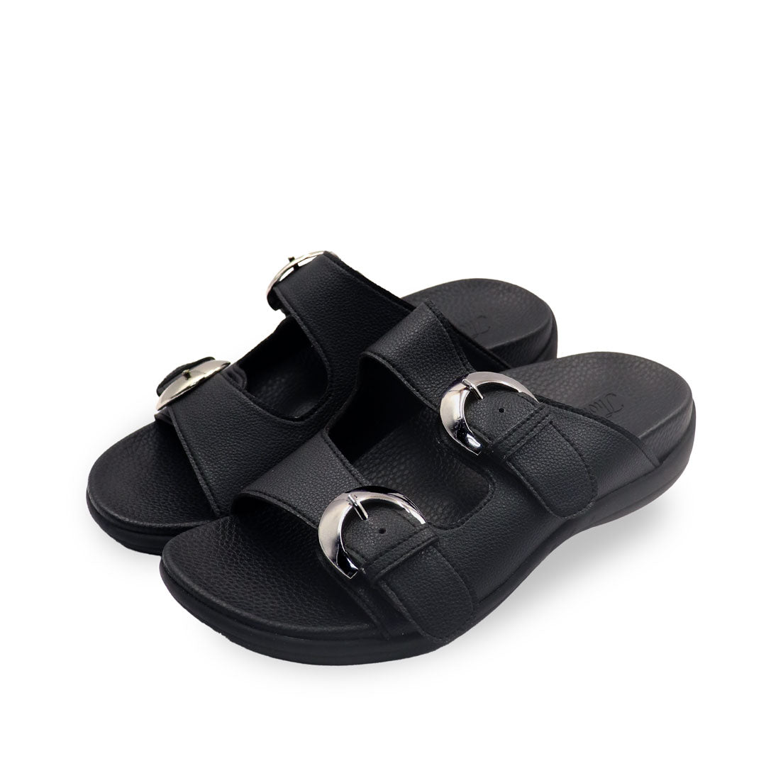 [Wide-Fit] Duo Buckle Slide-One Flat Sandals [Comfy Health Series]