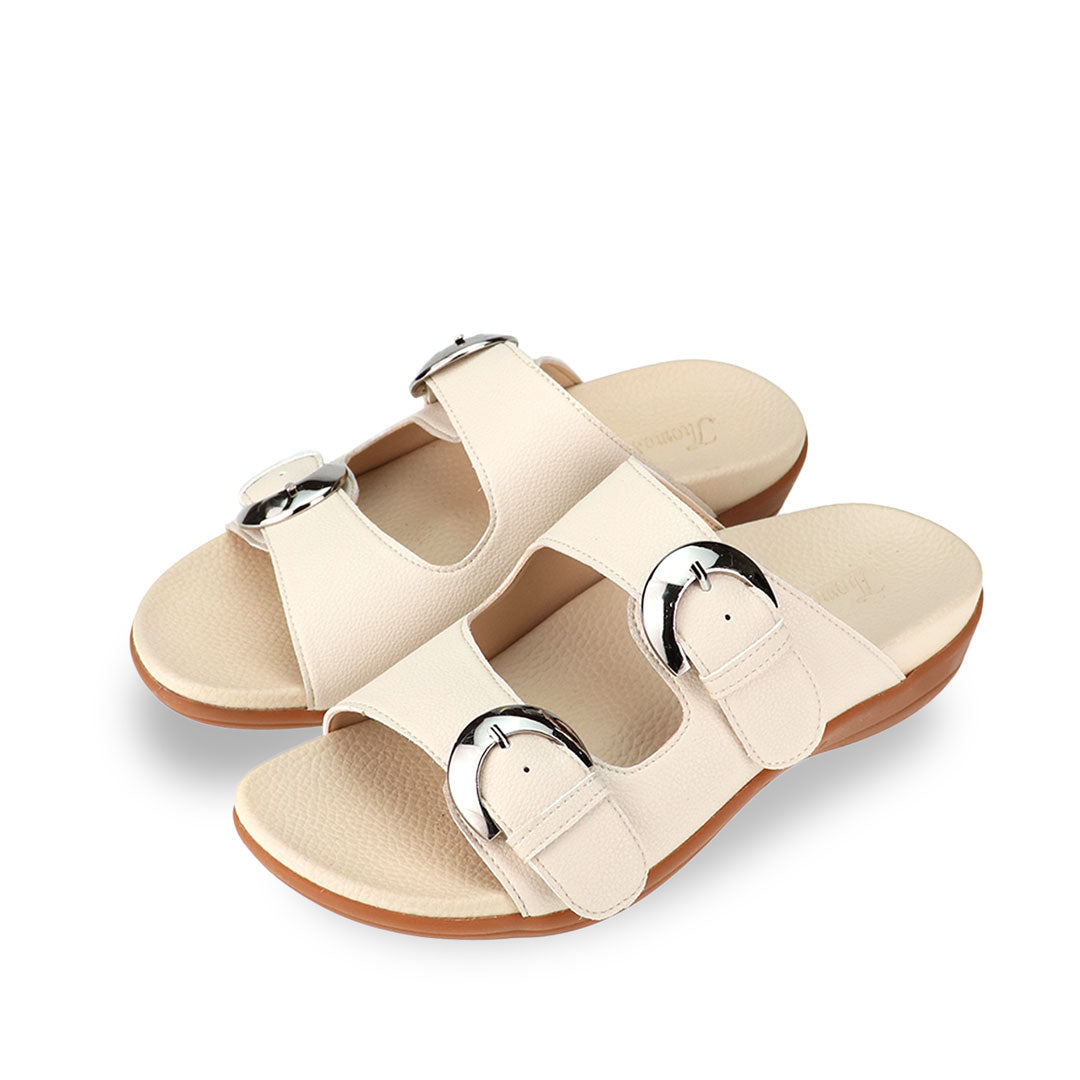 Full view of Thomas Chan's Duo Buckle Slide-One Flat Sandals in ivory, displaying an elegant design with an arch-support footbed.