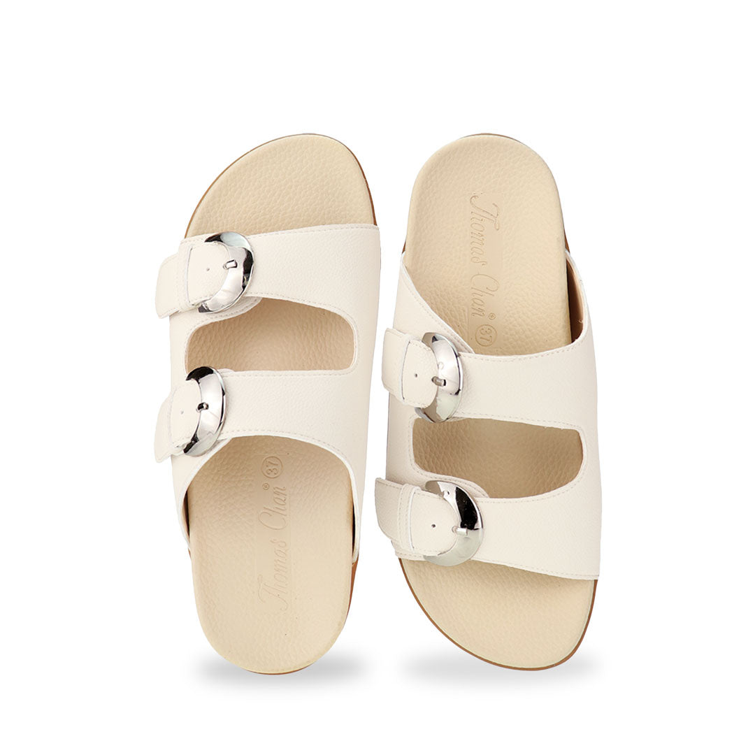 Front view of Thomas Chan's Duo Buckle Slide-One Flat Sandals in ivory, displaying an elegant design with an arch-support footbed.