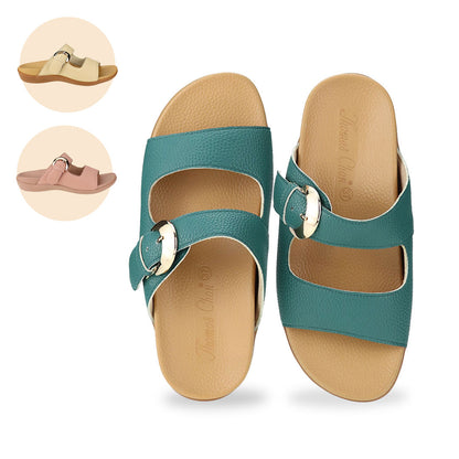 Front view of Great Coverage Buckle flat sandals in turquoise green, displaying an elegant design with an arch-support footbed. Also available in mustard cream & rosy pink colour